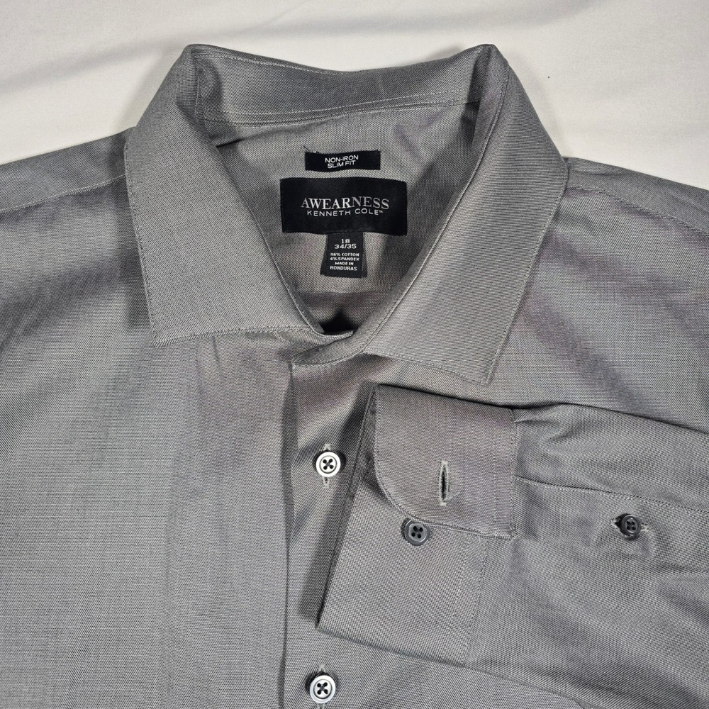 Awearness Kenneth Cole‎ Mens Dress Shirt 18 34/35 Gray Non-Iron Slim Fit Stretch